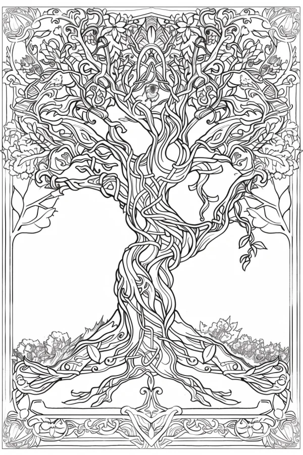 Celtic-style tree of life with intricate knotwork patterns, surrounded by floral and vine decorations — free printable celtic culture coloring book page