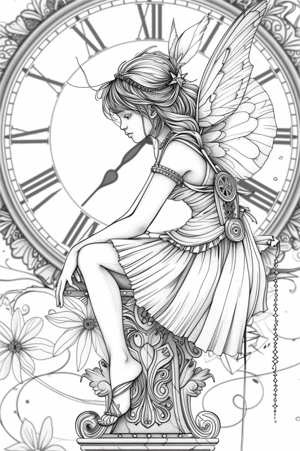 Fairy sitting on ornate clock pedestal, fantasy sketch style — free printable time coloring book page