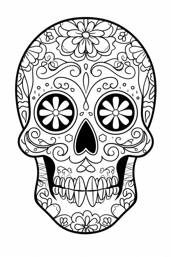 Day of the dead sugar skull, folk decorative style — free printable folk culture coloring book page