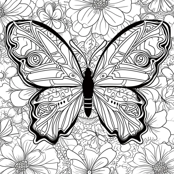 Decorative butterfly surrounded by various flowers, decorative art style — free coloring book page