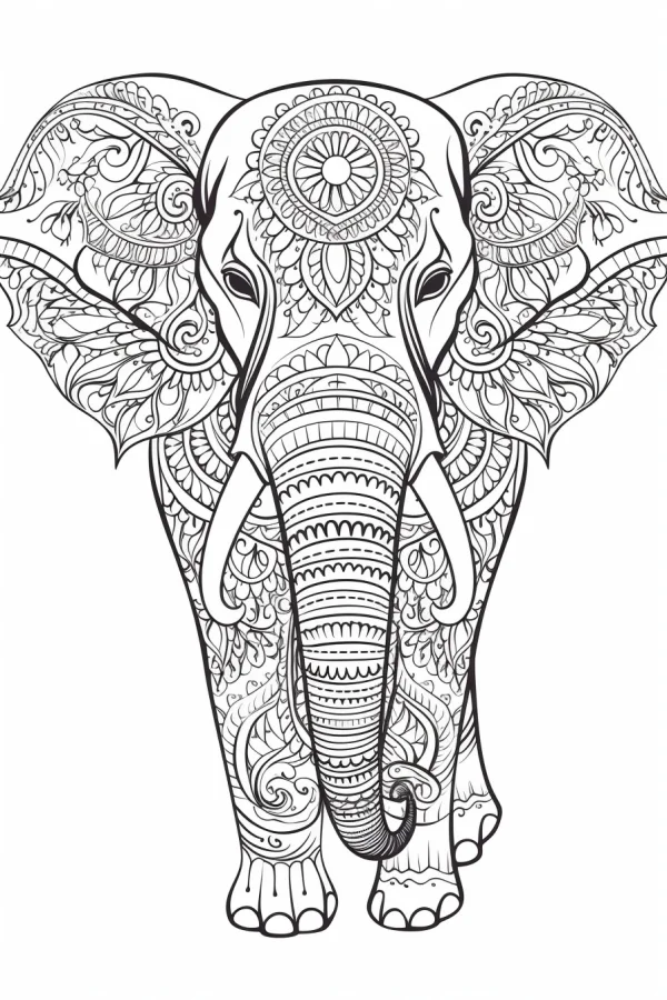 Mandala style elephant, intricate floral and geometric patterns covering the whole body — free printable mandala art coloring book page