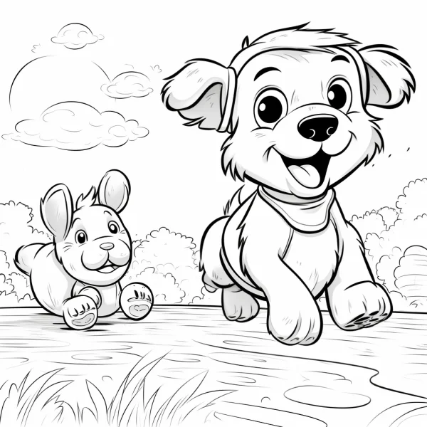 Playful puppy and rabbit outdoors, cartoon style — free printable outdoor play coloring book page