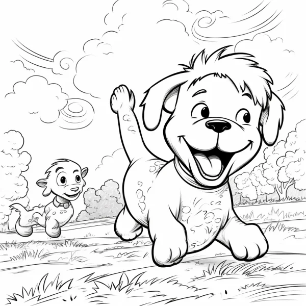 Coloring book page, cheerful playful puppy with a lamb in the background — free printable outdoor play coloring book page
