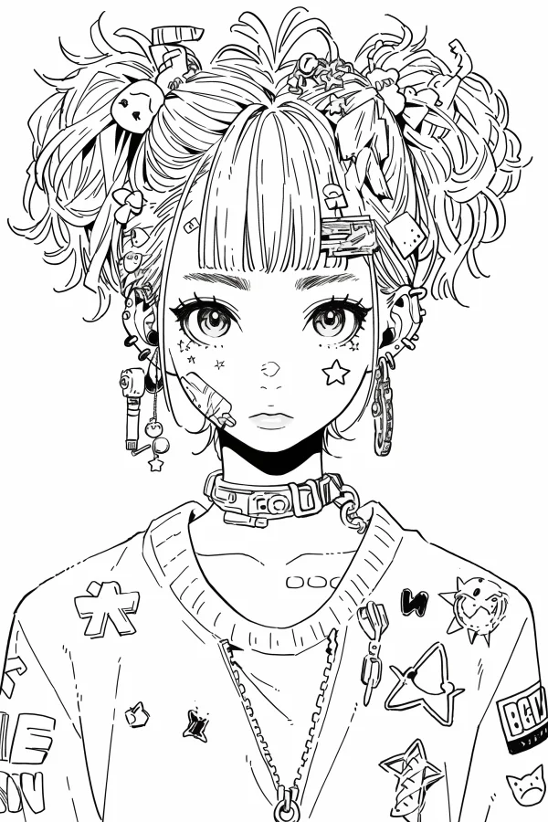 Coloring book page, trendy anime punk girl with messy double ponytails — free printable trend coloring book page
