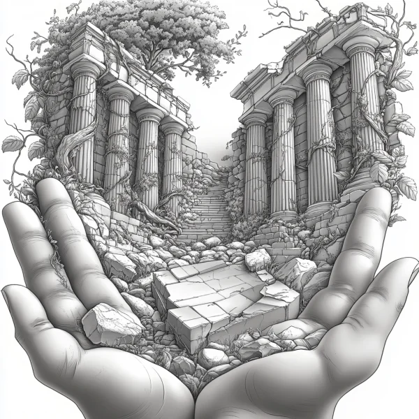 Ancient ruins with greek-style columns held in human palms, fantasy style — free printable ancient ruins coloring book page