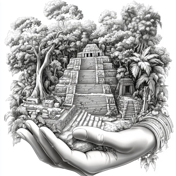 Hand holding mayan pyramid and tropical rainforest, realistic illustration style — free printable tropical rainforest coloring book page