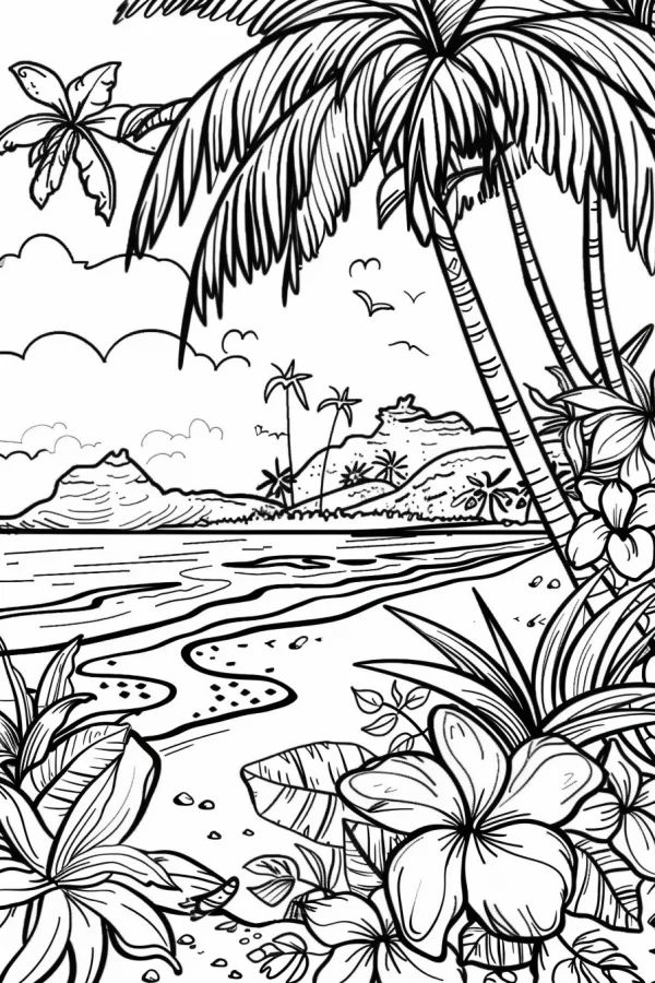Tropical beach landscape with palm trees and plumeria flowers, realistic illustration style — free printable tropical coloring book page