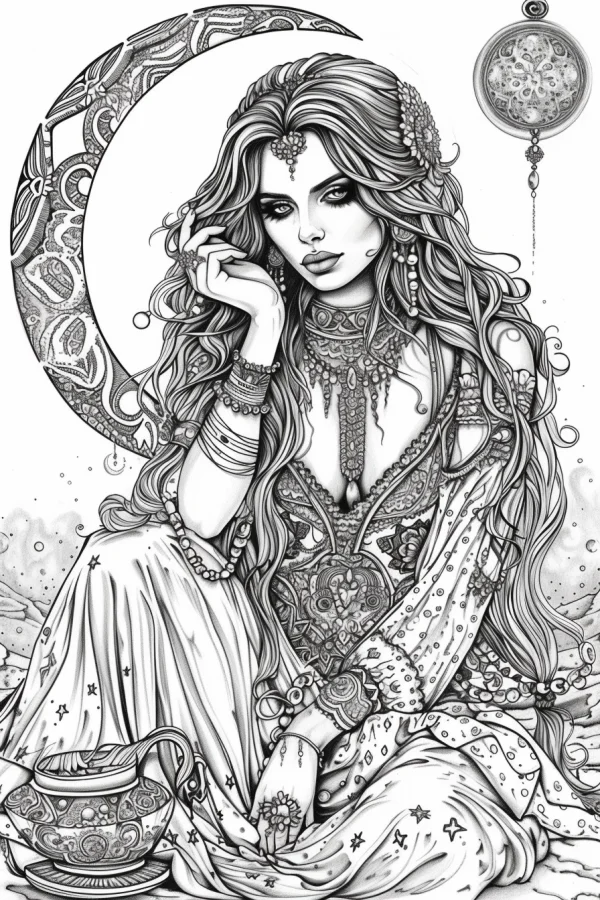 Fantasy middle eastern style woman, intricate arabian patterns — free printable middle eastern culture coloring book page