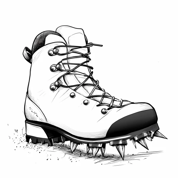 Coloring book page, mountaineering boot with metal crampons — free printable hiking coloring book page
