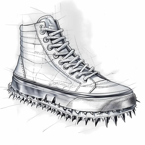 Spiked high-top punk sneaker, hand-drawn sketch style — free printable punk coloring book page