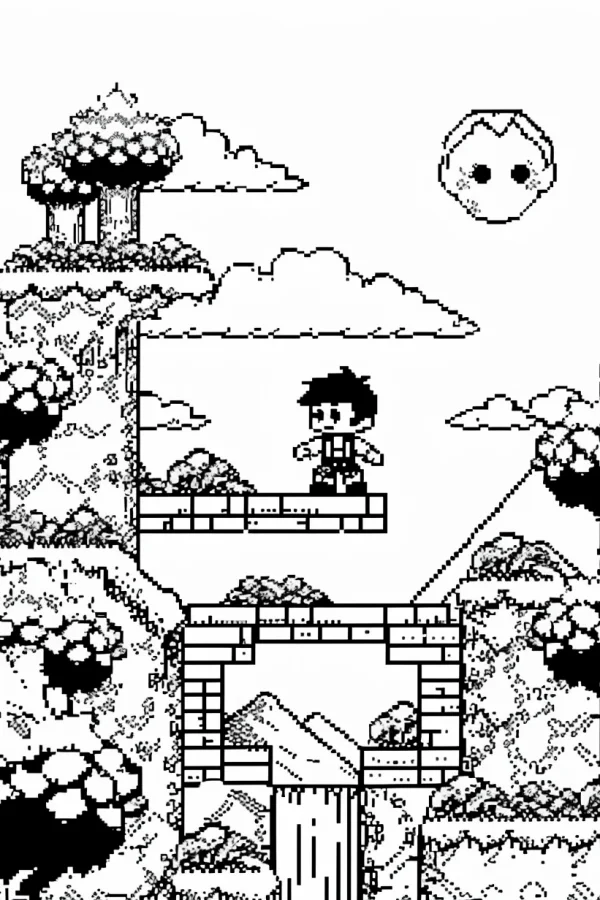 Pixel-style boy on brick platform in fantasy game scene, pixel art and cartoon style — free printable games coloring book page