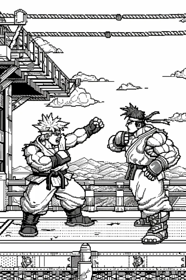 Pixel art style two fighting warriors on a boxing ring, retro video game theme — free printable games coloring book page