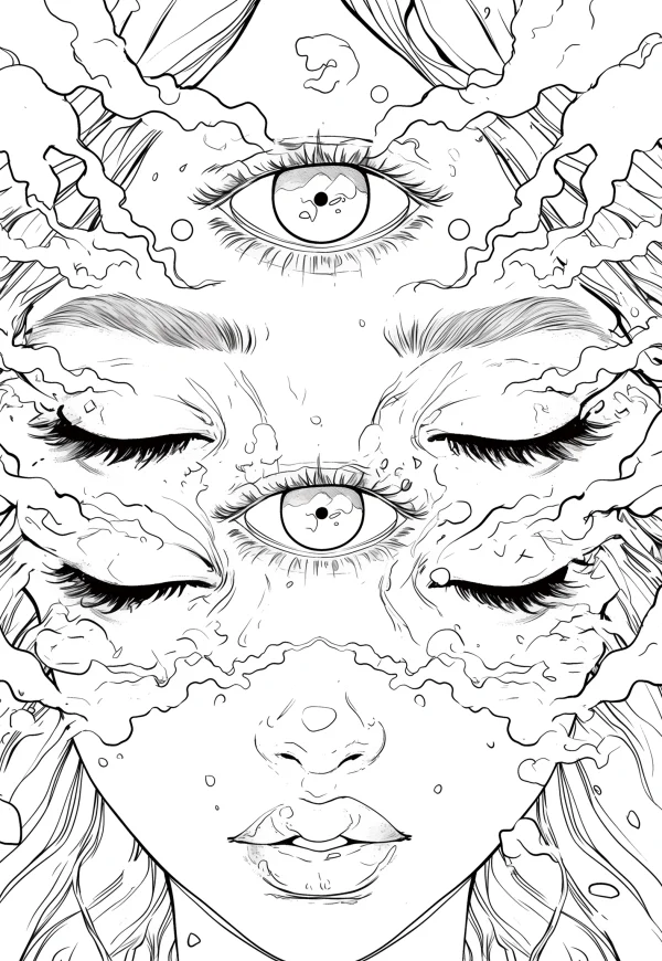 Multi-eyed fantasy human face, surreal sketch style — free printable surreal coloring book page