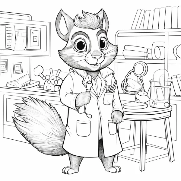 Anthropomorphic squirrel doctor in lab coat holding stethoscope, cartoon style — free printable science experiments coloring book page