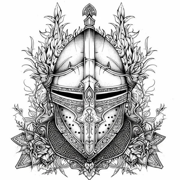Ornate knight helmet, medieval style — free printable knight coloring book page