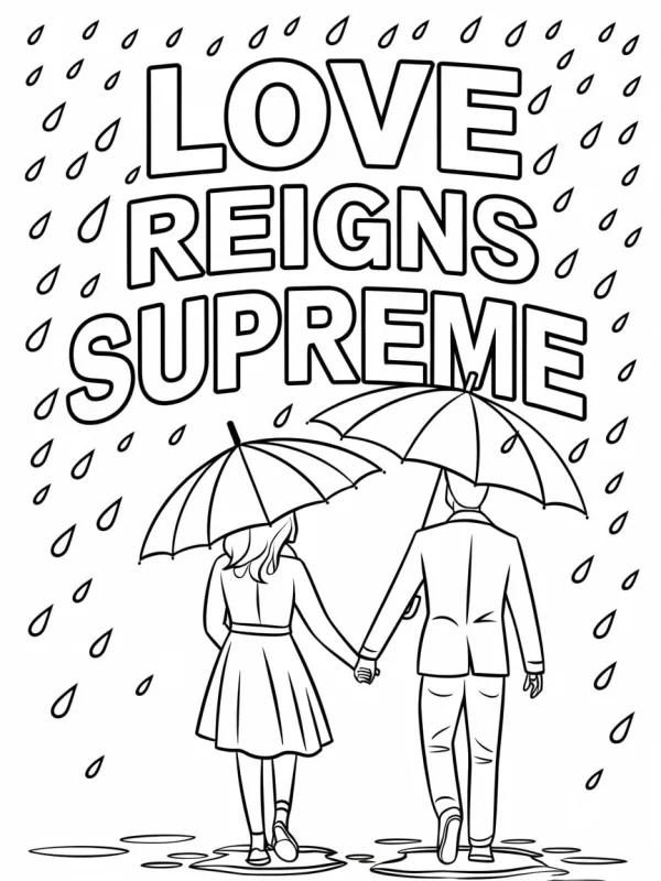Couple holding hands in rain with umbrellas, cartoon style — free printable rainy days coloring book page