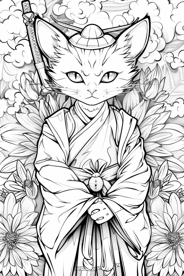 Japanese samurai cat wearing kimono and traditional hat, with a katana on back — free printable traditional culture coloring book page