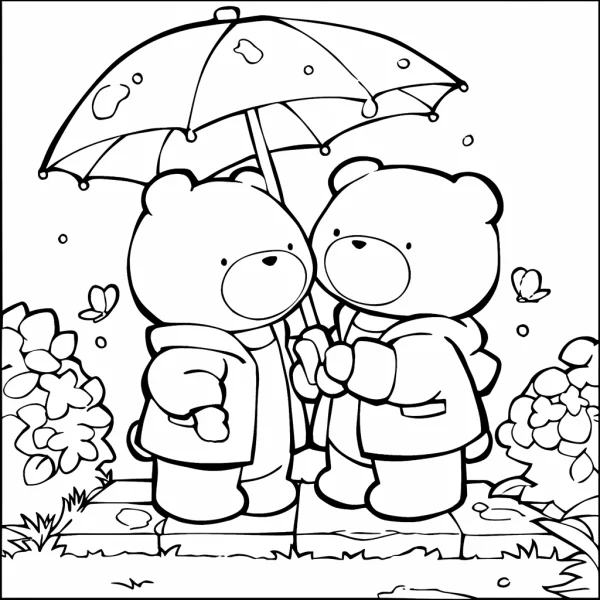 Two cute bears holding an umbrella together, cartoon style — free printable rainy days coloring book page