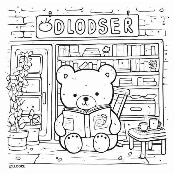 Cute teddy bear reading a book in a cozy bookstore, cartoon style — free printable indoor life coloring book page