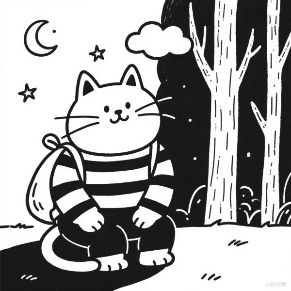 Cartoon cat with backpack, cartoon style — free printable night coloring book page