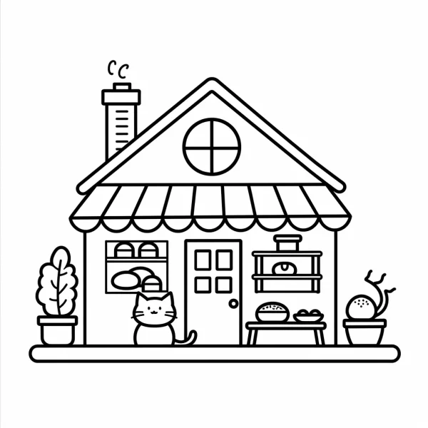 Cute cat in front of a cozy bakery shop, cartoon style — free printable small shop coloring book page