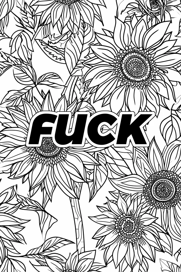 Sunflowers with bold vulgar text 'fuck', sketch style — free printable vulgar content coloring book page