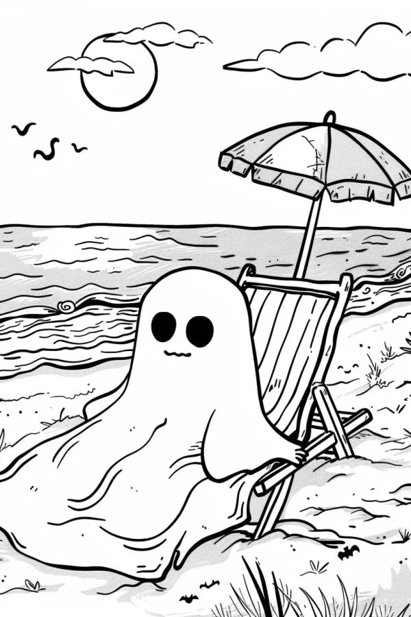 Cute ghost relaxing on beach lounge chair under sun umbrella, cartoon style — free printable beach holiday coloring book page