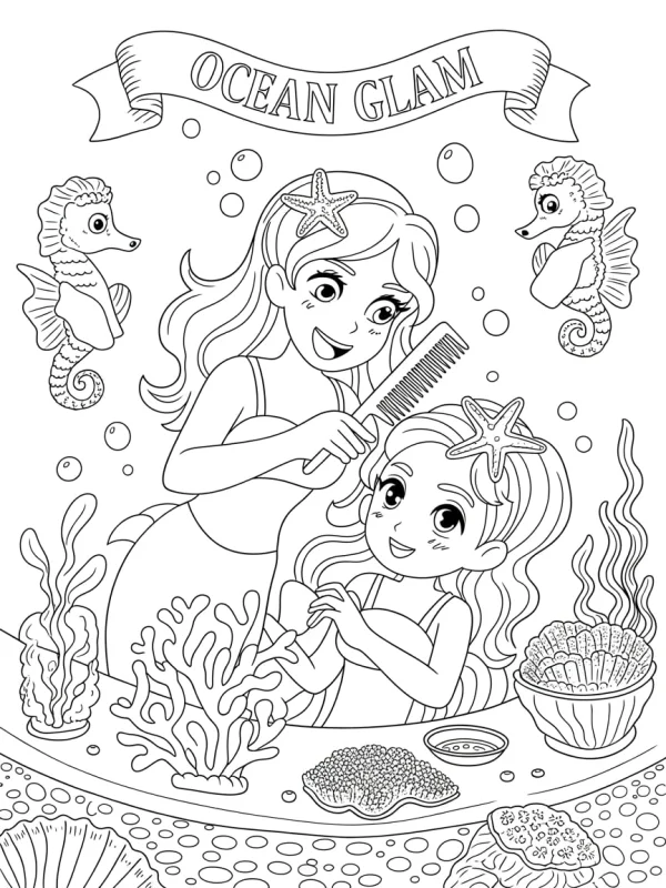 Mother and daughter mermaids styling hair, cartoon style — free printable parent-child coloring book page