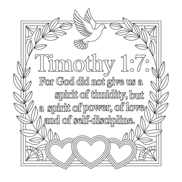 Decorative frame with bible verse timothy 1:7, dove of peace — free printable warmth coloring book page