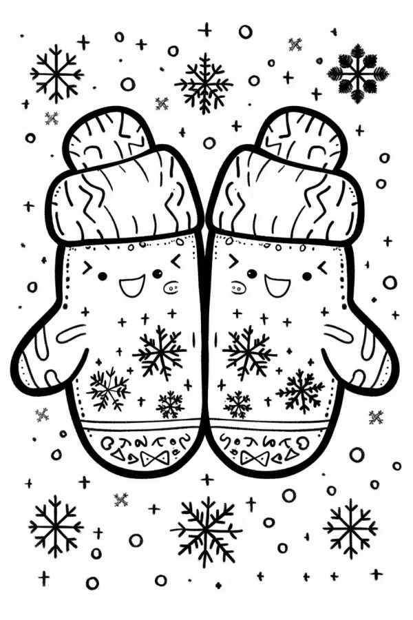 Cute cartoon winter mittens with happy facial expressions, cartoon style — free printable living items coloring book page