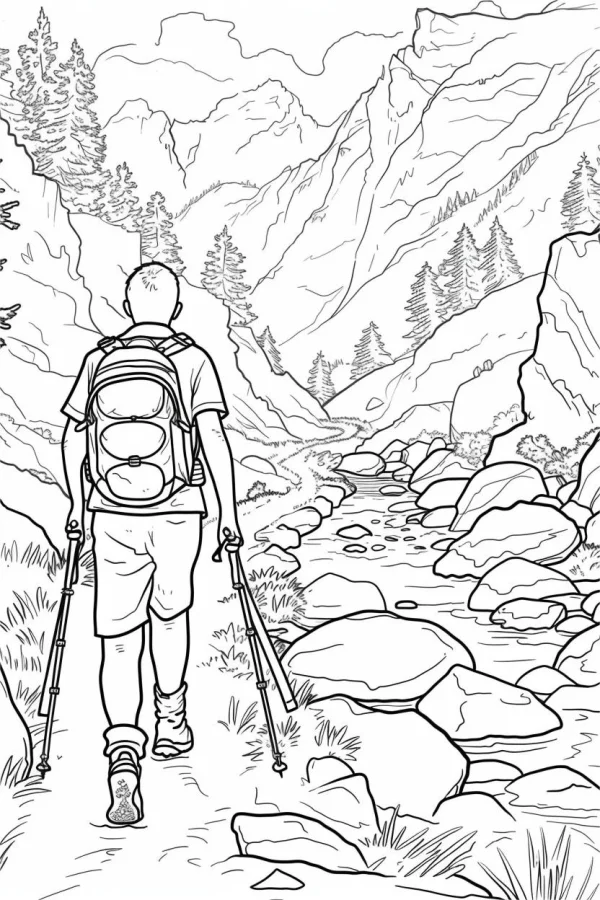 Hiking backpacker from behind holding trekking poles, realistic line art style — free printable hiking coloring book page