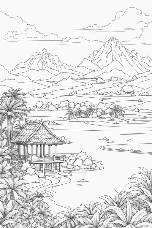 Tropical water village with stilt house, realistic line art style — free printable southeast asia coloring book page