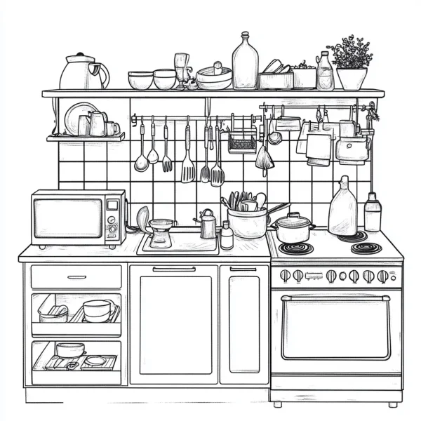 Coloring book page, detailed kitchen scene with various kitchen utensils — free printable kitchen coloring book page