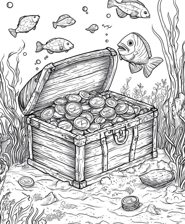 Coloring book page, underwater treasure chest full of gold coins — free printable treasure coloring book page