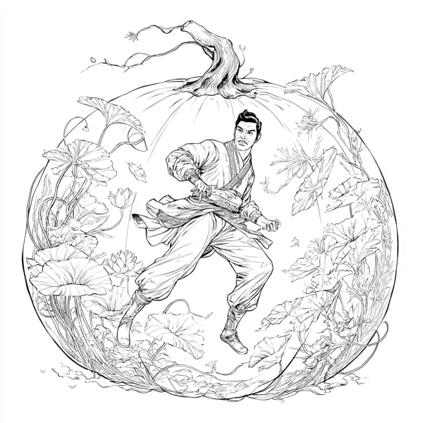 Chinese martial arts man inside a giant pumpkin outline, surrounded by lotus leaves — free printable martial arts coloring book page