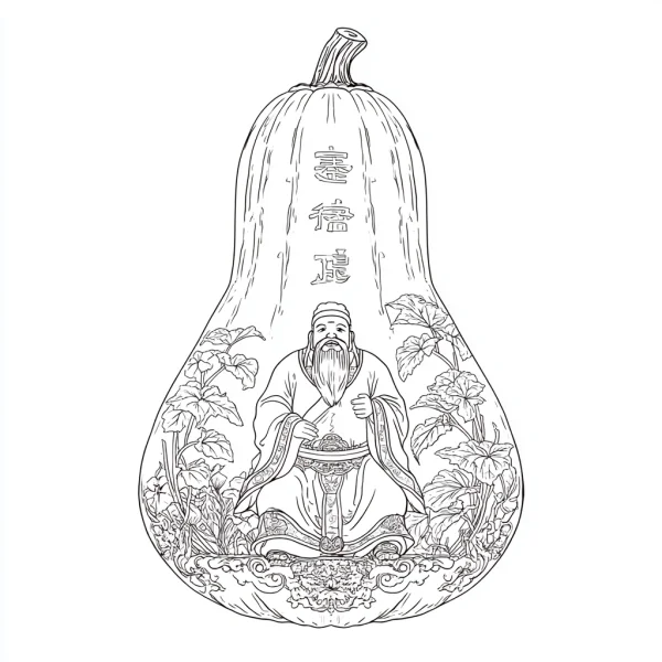 Ancient chinese long-bearded sage inside a gourd, chinese traditional style — free printable traditional culture coloring book page