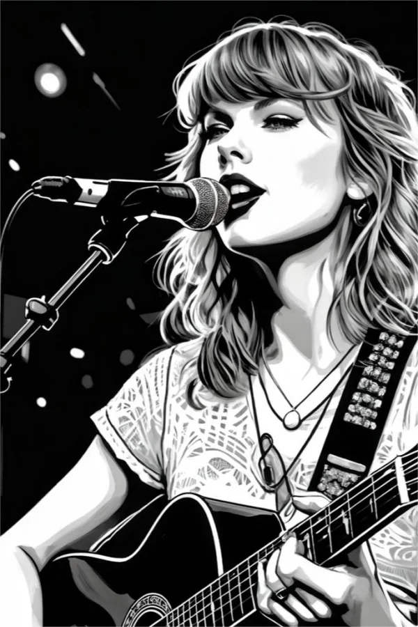 Female singer playing guitar, realistic printmaking style — free printable performance coloring book page
