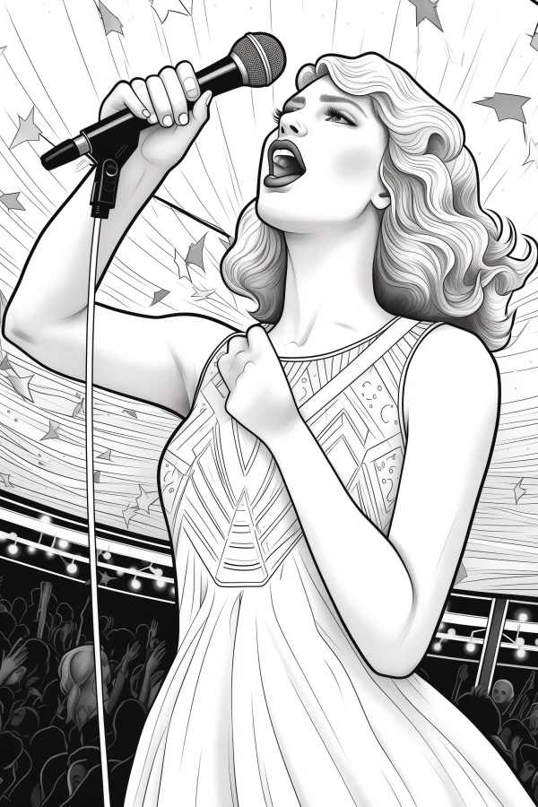 Female singer performing on stage holding microphone, realistic line art style — free printable stage performance coloring book page