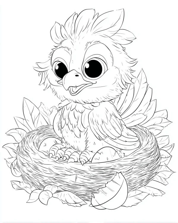 Cute chibi bird sitting in a nest, cartoon style — free printable coloring page