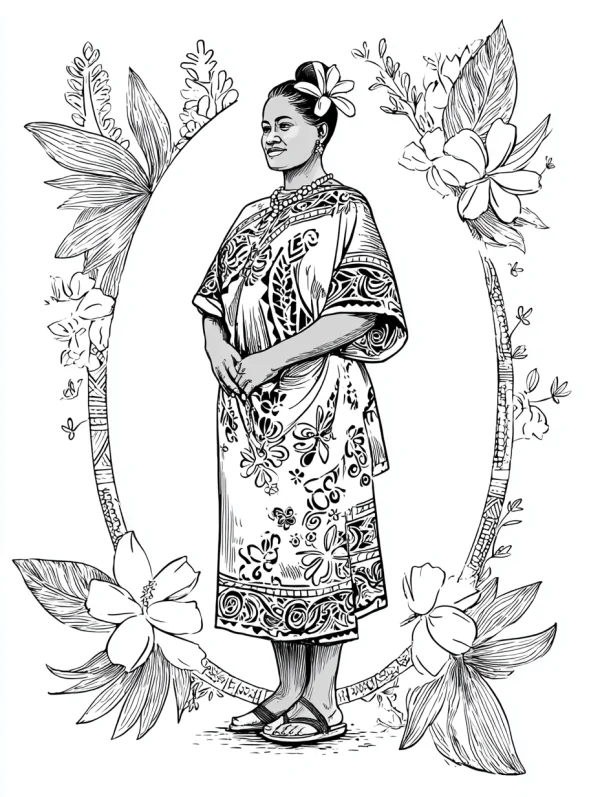 Polynesian woman in traditional patterned dress, realistic line art style — free printable polynesian culture coloring book page