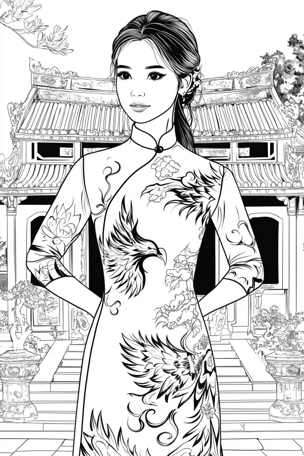 Chinese girl in cheongsam with phoenix and floral patterns, chinese traditional style — free printable classical architecture coloring book page