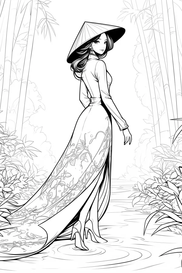 Southeast asian woman wearing ao dai and conical hat, standing in bamboo forest stream with plants — free printable southeast asia coloring book page
