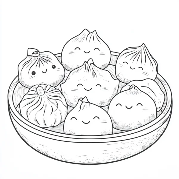 Coloring book page, anthropomorphic steamed buns in a bamboo steamer — free printable personification coloring book page
