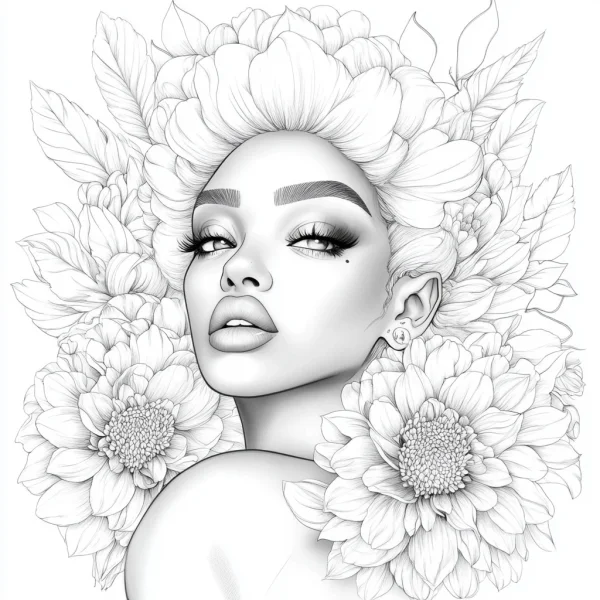 Elegant woman surrounded by large dahlias, realistic line art — free printable character theme coloring book page