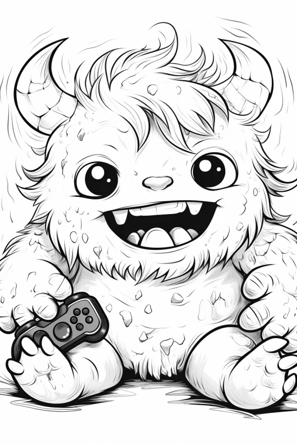 Cute cartoon furry monster holding game controller, cartoon style — free printable games coloring book page