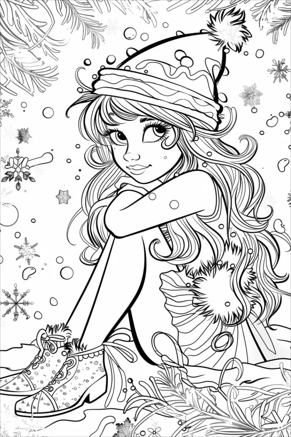 Winter cartoon girl with curly hair and pom-pom hat, sitting among pine branches and snowflakes — free printable cartoon characters coloring book page