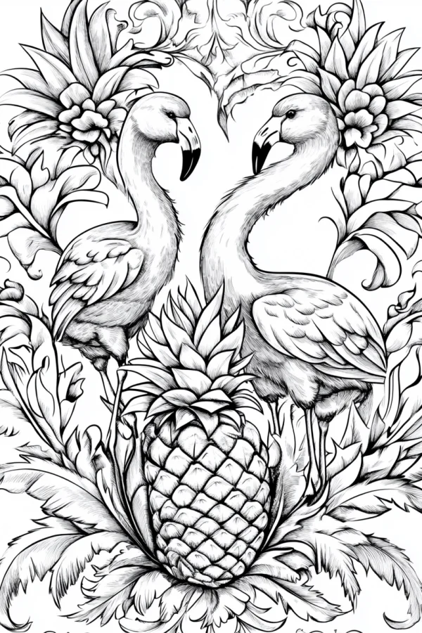 Two flamingos with pineapple, tropical flowers and vines — free printable tropical style coloring book page