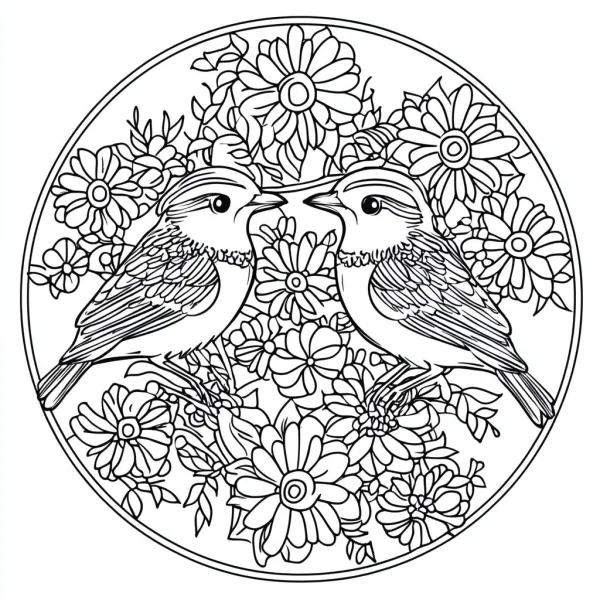 Symmetrical birds surrounded by flowers and vines, mandala style — free printable symmetry coloring book page