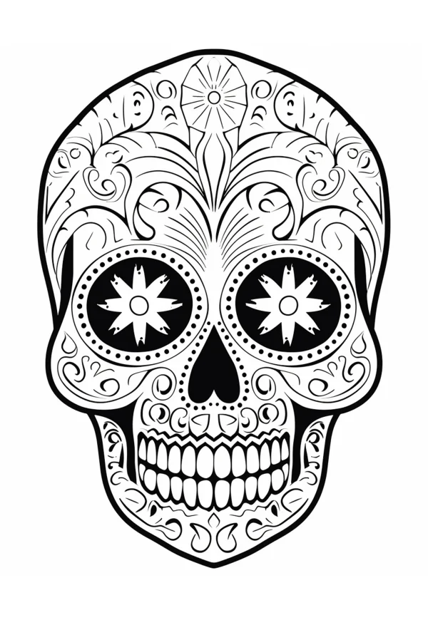 Day of the dead decorated skull, mexican folk art style — free printable mexican culture coloring book page