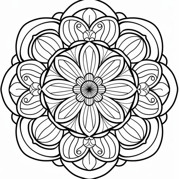 Symmetric mandala pattern with floral motifs, decorative art style — free printable coloring page